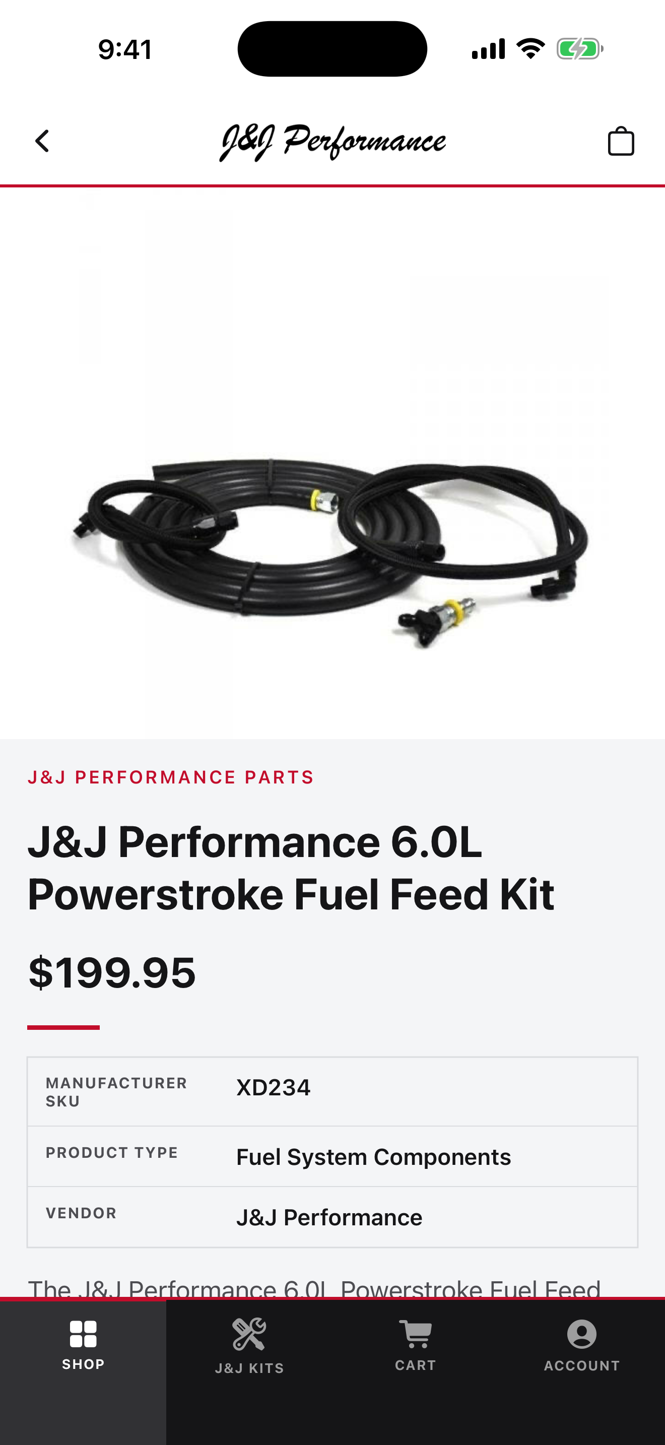 J&J Performance iOS — product detail screen